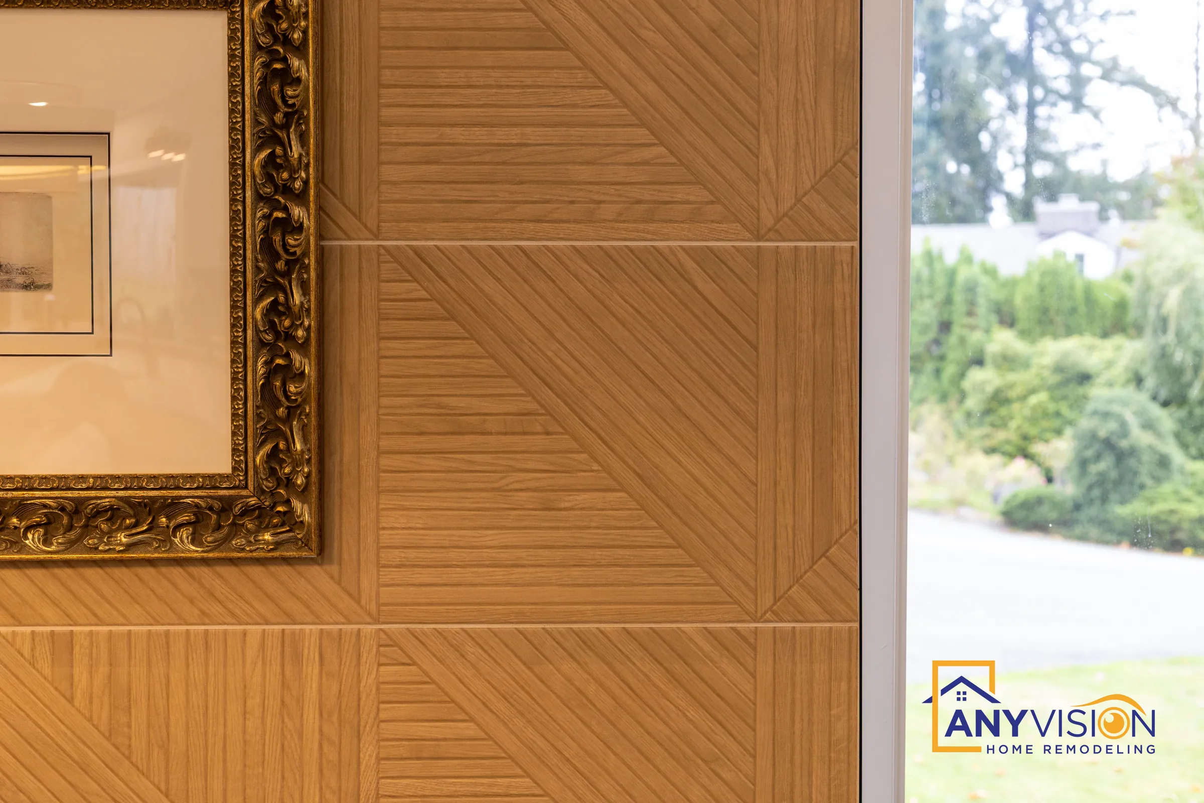 Close-up of the geometric wood panel accent wall